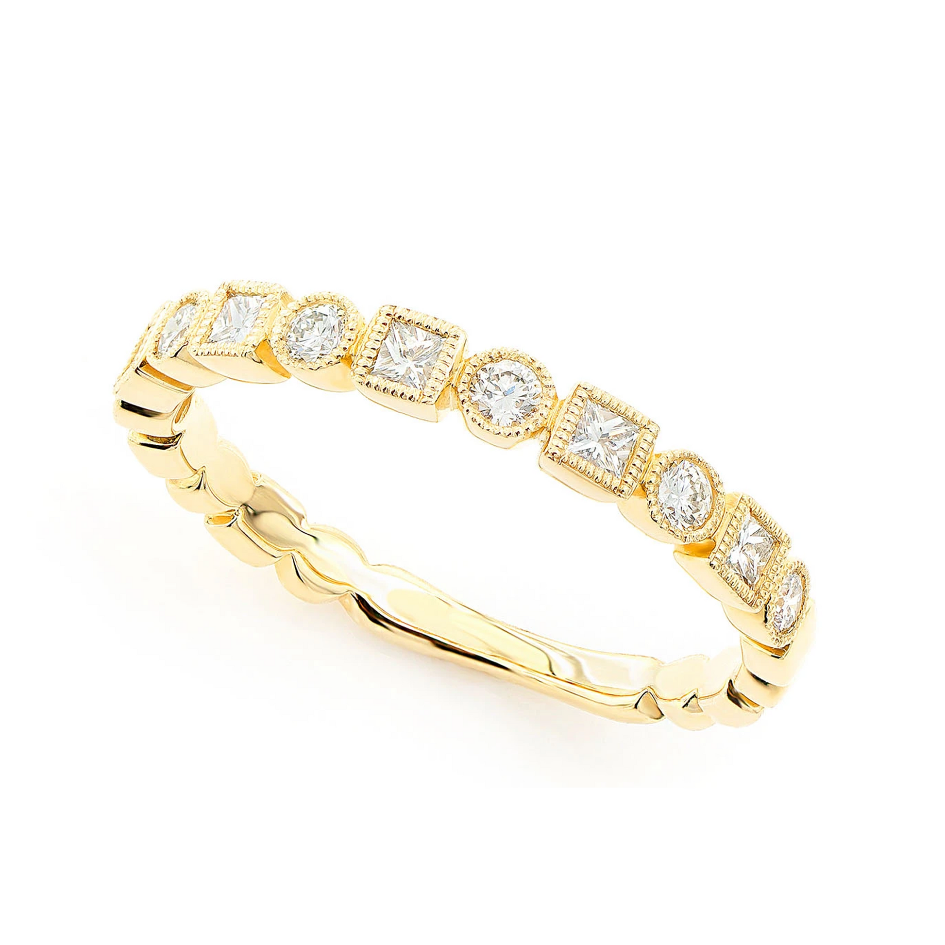 Milgrain Circle & Square Diamond Ring in 14K yellow gold, angled view