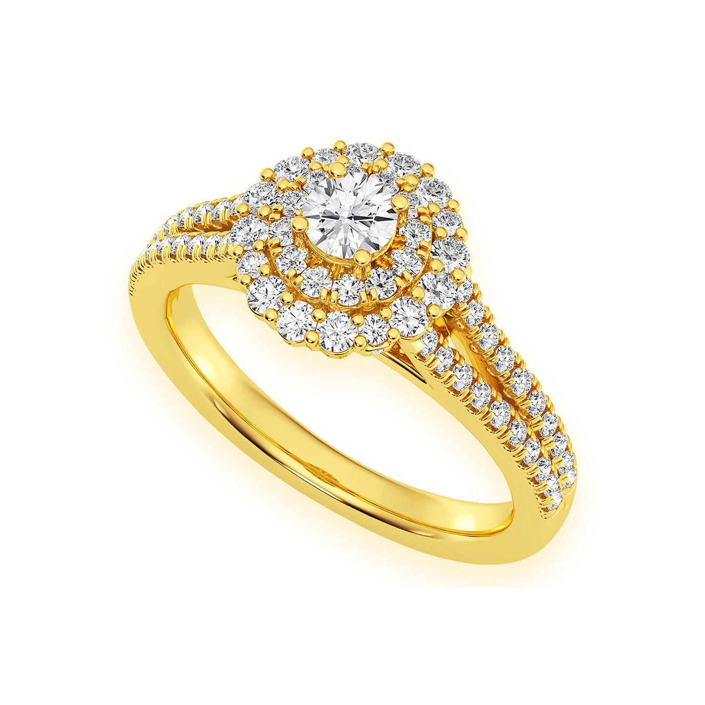 Split Shank Round Double Halo Ring in 14K yellow gold, angled view