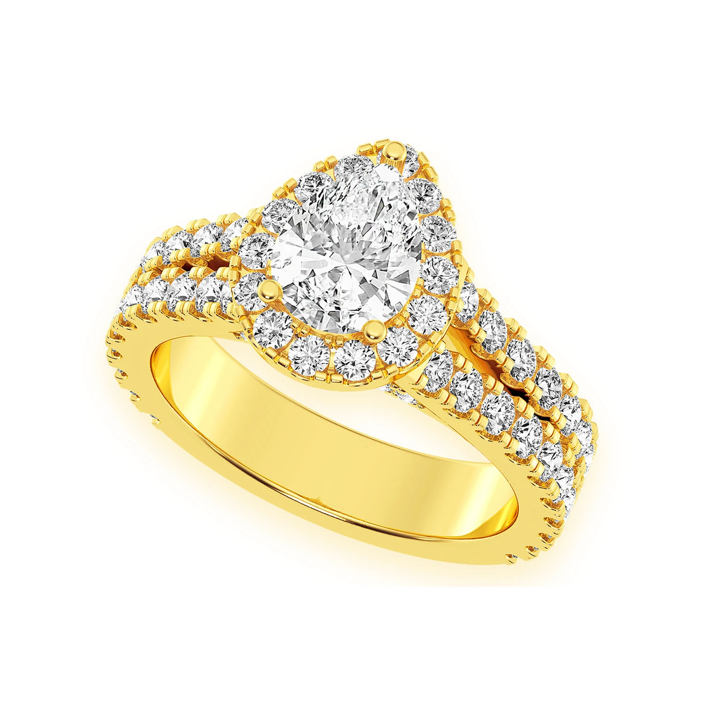 Pear Solitaire Two Row Split Scallop Ring in 14K yellow gold, angled view