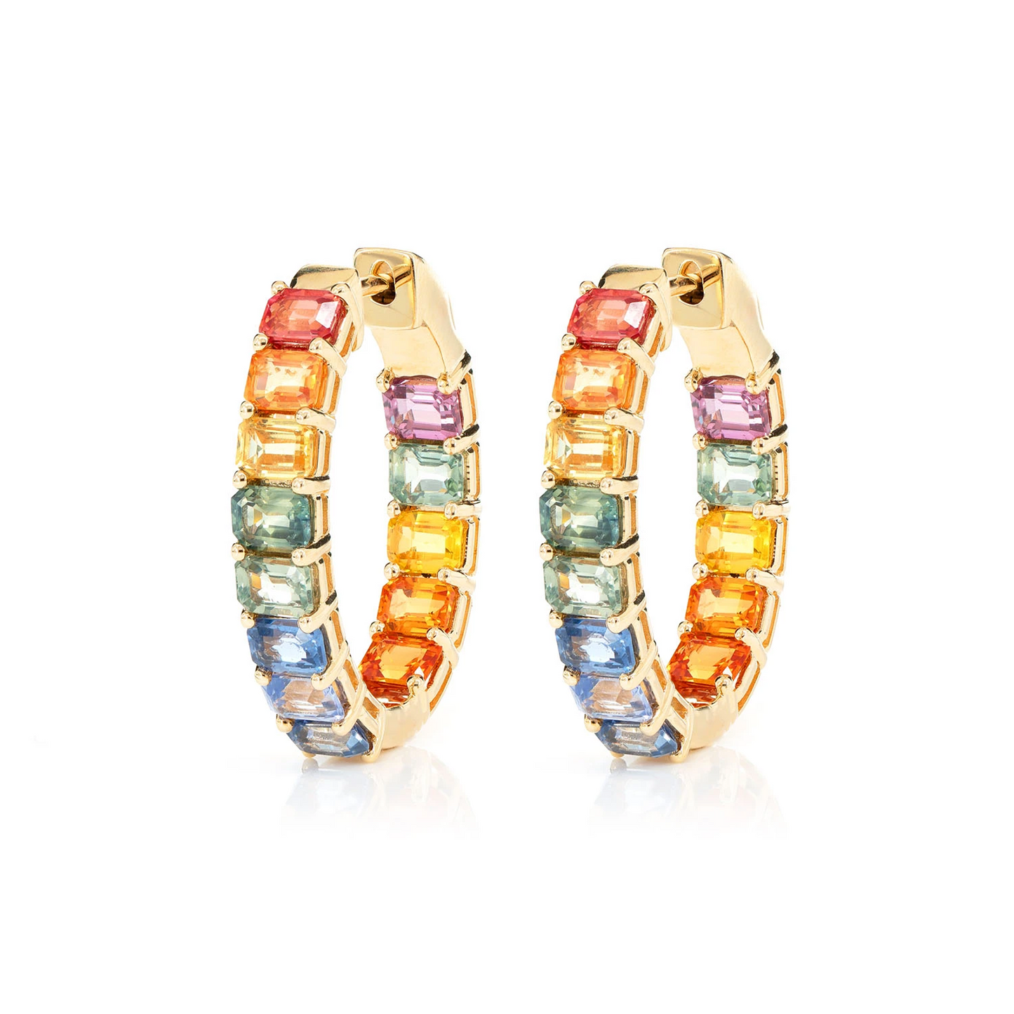 Rainbow Colored Sapphire Inside Outside Diamond Hoop Earrings