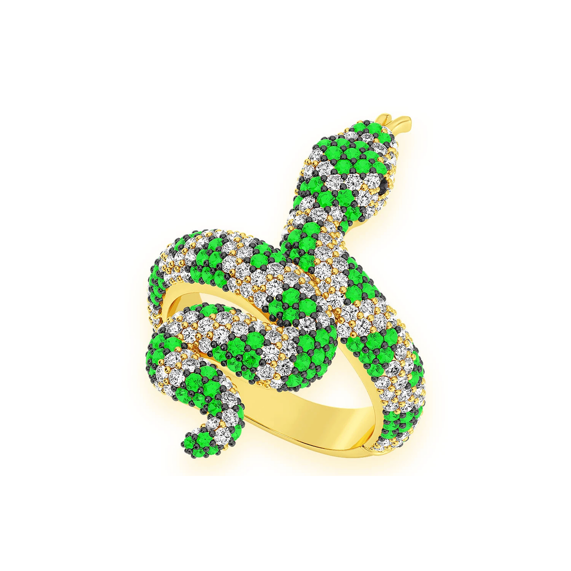 Snake Diamond Ring in 14K yellow gold, Emerald, detail view