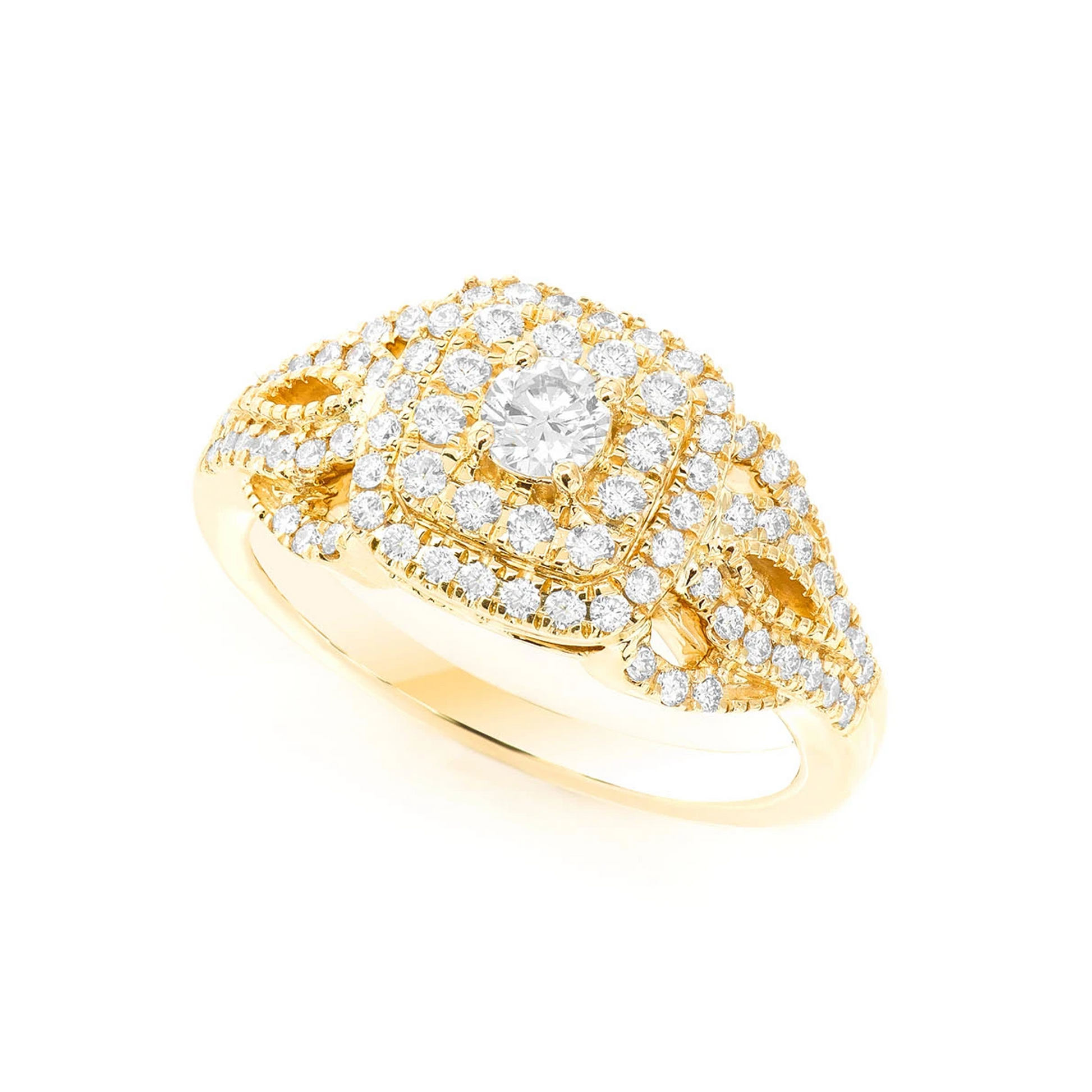 Fancy Shank Cushion Double Halo Ring in 14K yellow gold, angled view