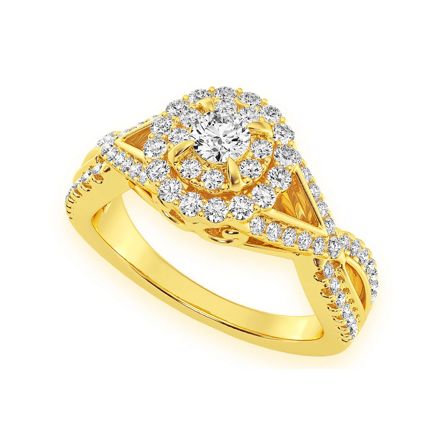 Double Band Halo Diamond Ring in 14K yellow gold, angled view