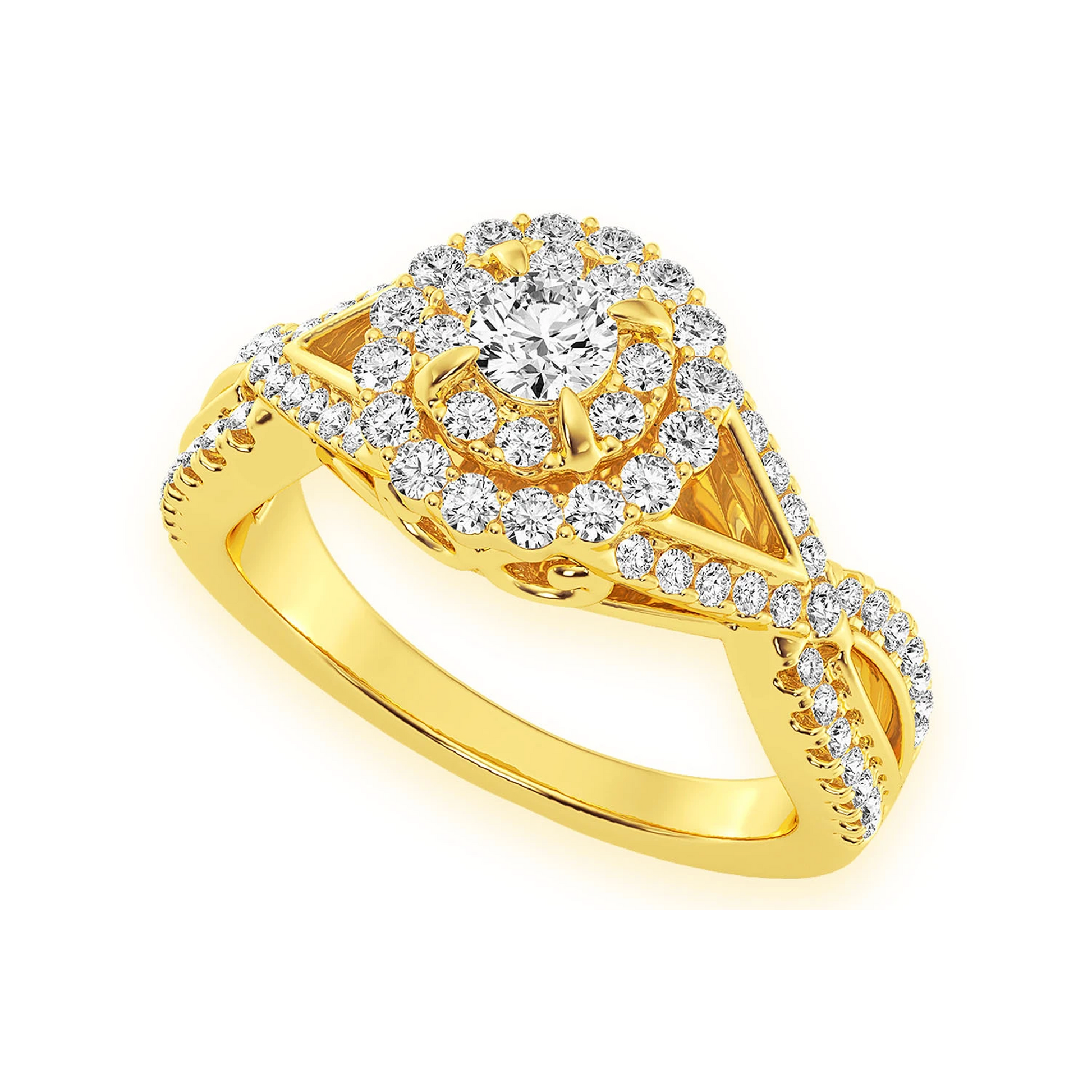Double Band Halo Diamond Ring in 14K yellow gold, angled view