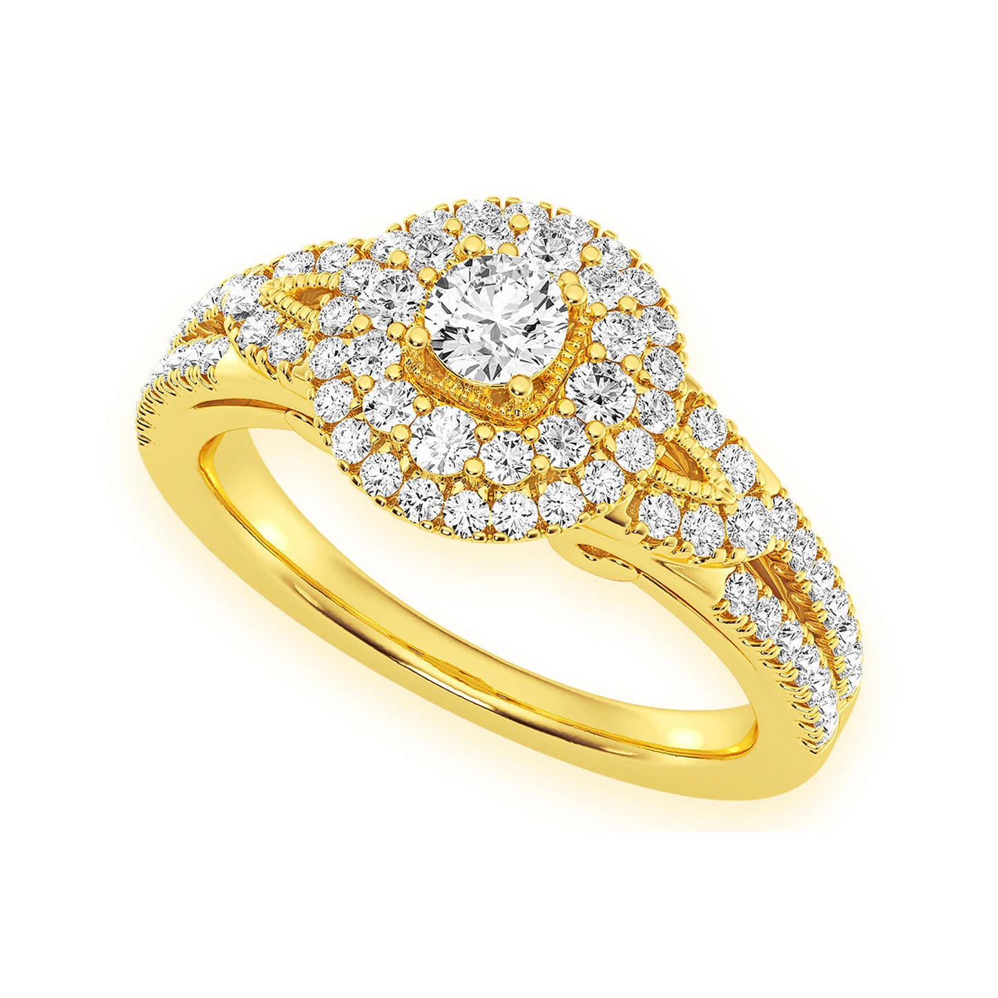 Fancy Shank Tiered Halo Ring in 14K yellow gold, angled view