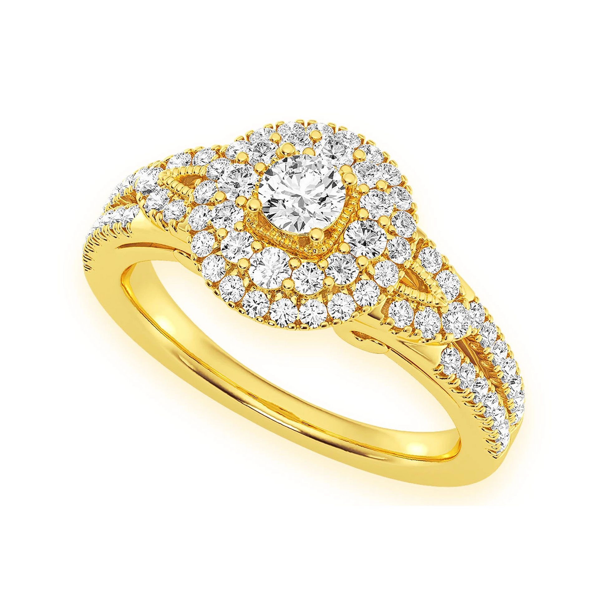 Fancy Shank Tiered Halo Ring in 14K yellow gold, angled view