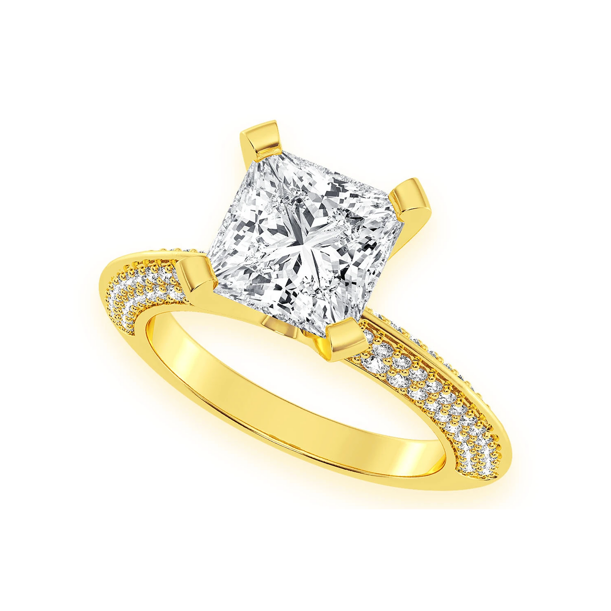 2ct Princess Cut Solitaire Knife Edge Engagement Ring in 14K yellow gold, angled view