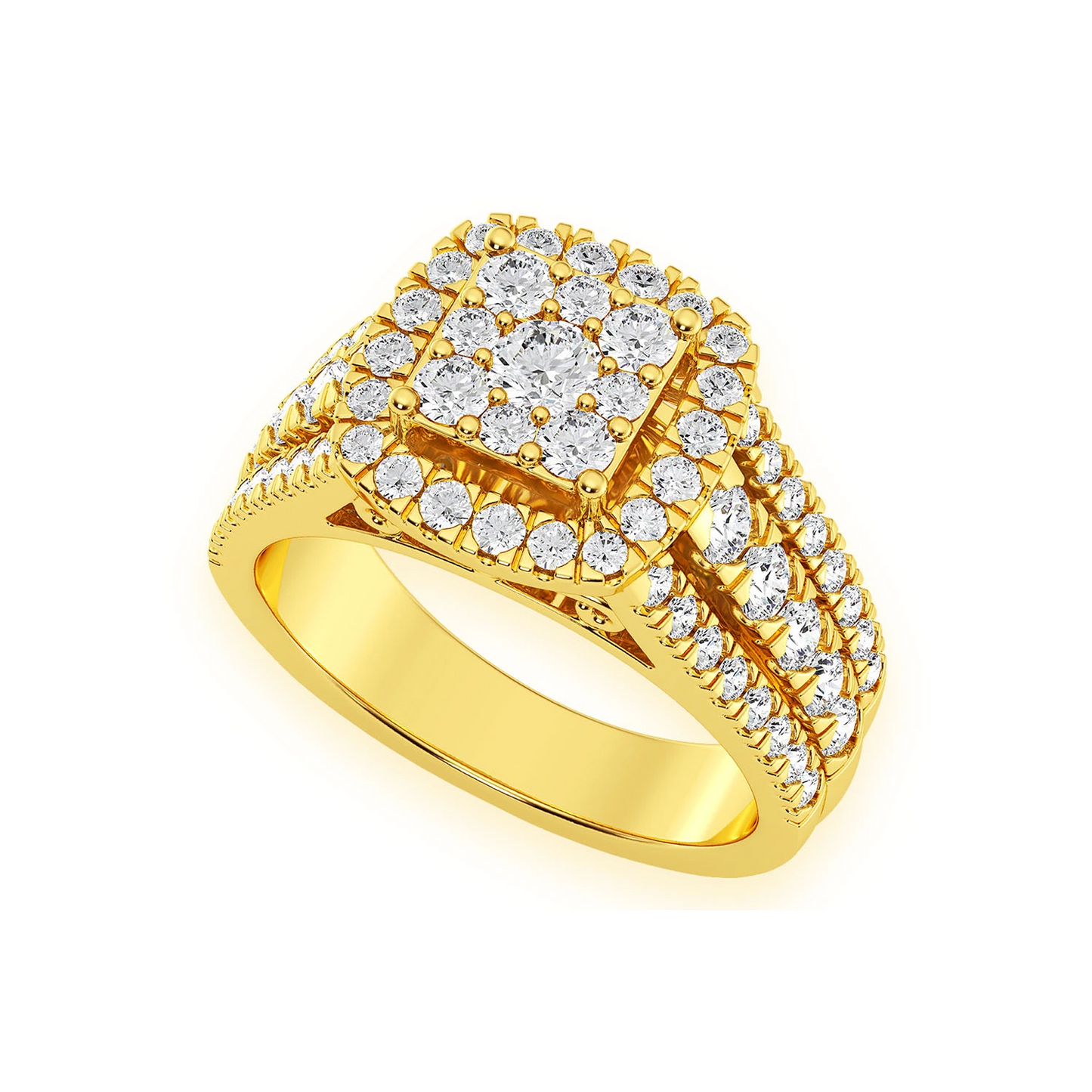 Three Row Cluster Halo Diamond Ring in 14K yellow gold, angled view