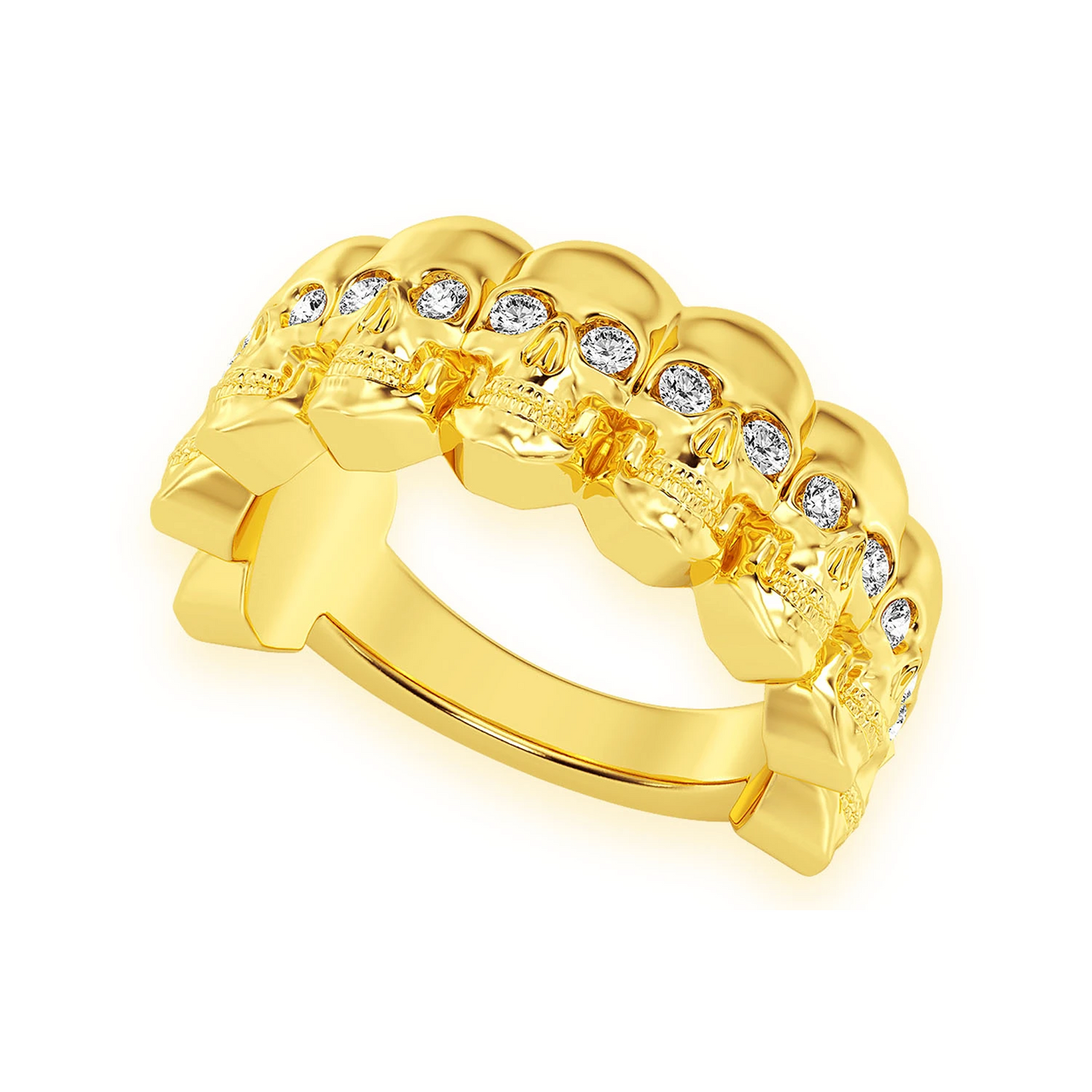 Nine Skull Diamond Ring in 14K yellow gold, angled view