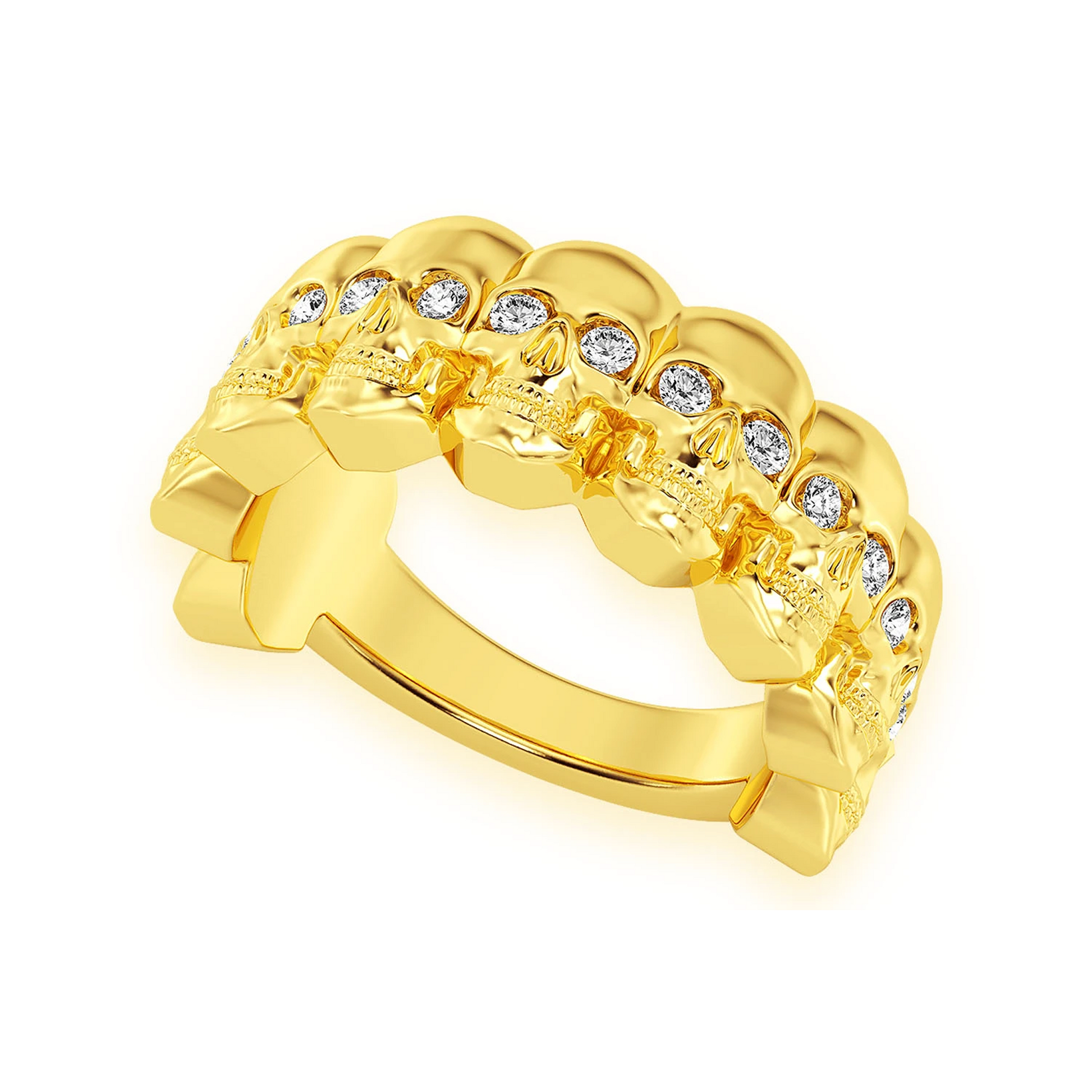 Nine Skull Diamond Ring in 14K yellow gold, angled view