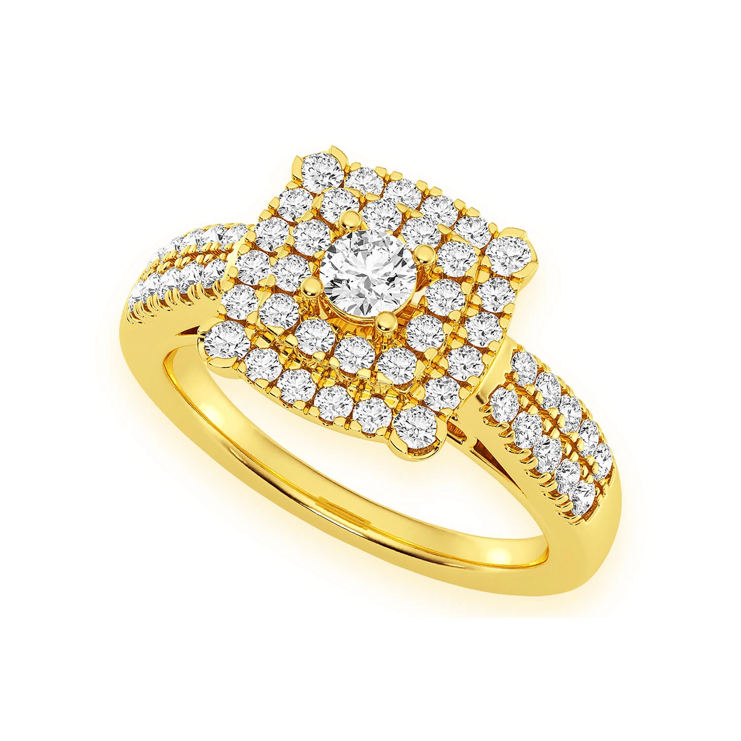 Square Double Halo Diamond Ring in 14K yellow gold, angled view
