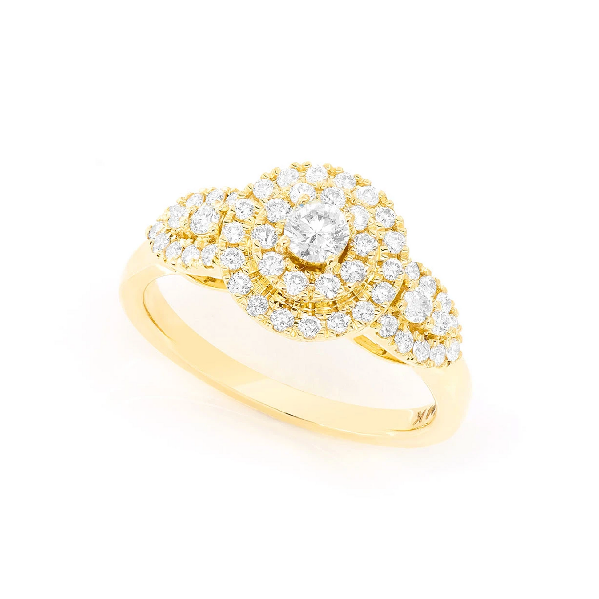 Two Tier Round Cluster Diamond Ring in 14K yellow gold, angled view