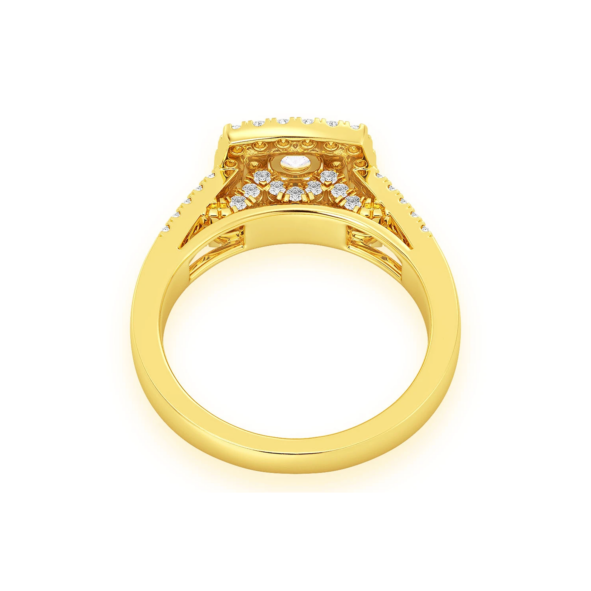 Princess Cut Double Halo Split Shank Ring in 14K yellow gold, alternate view