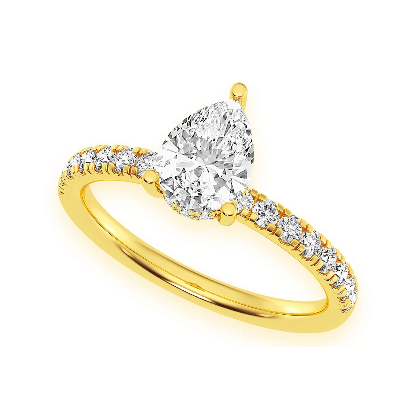 Pear Solitaire One Row Under Halo Ring in 14K yellow gold, angled view