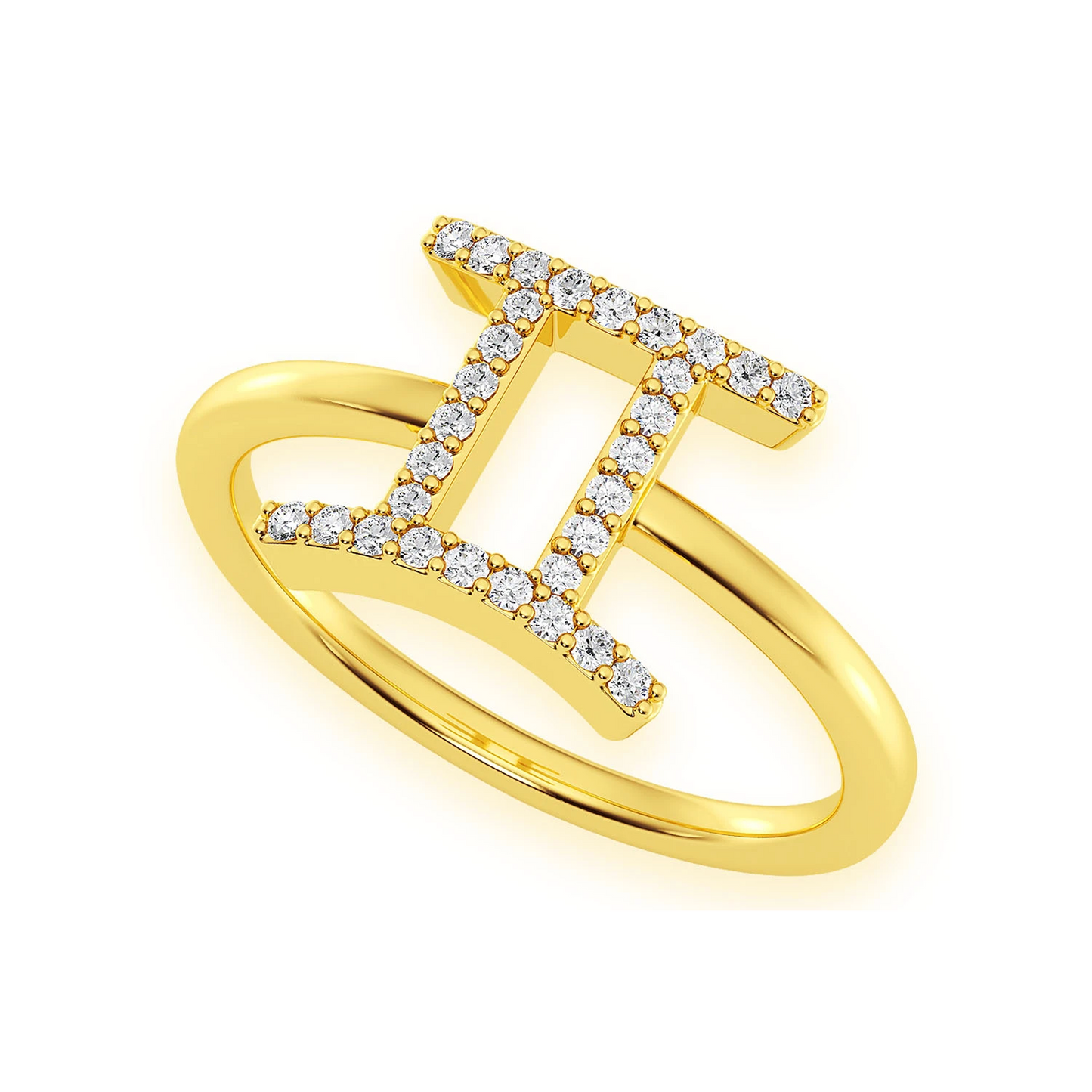 Zodiac Diamond Ring in 14K yellow gold, Gemini design, detail view