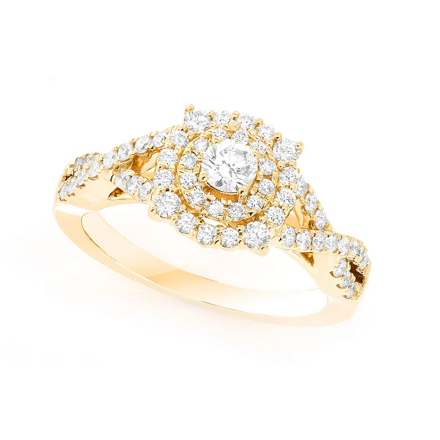 Split Shank Unique Halo Diamond Engagement Ring in 14K yellow gold, angled view