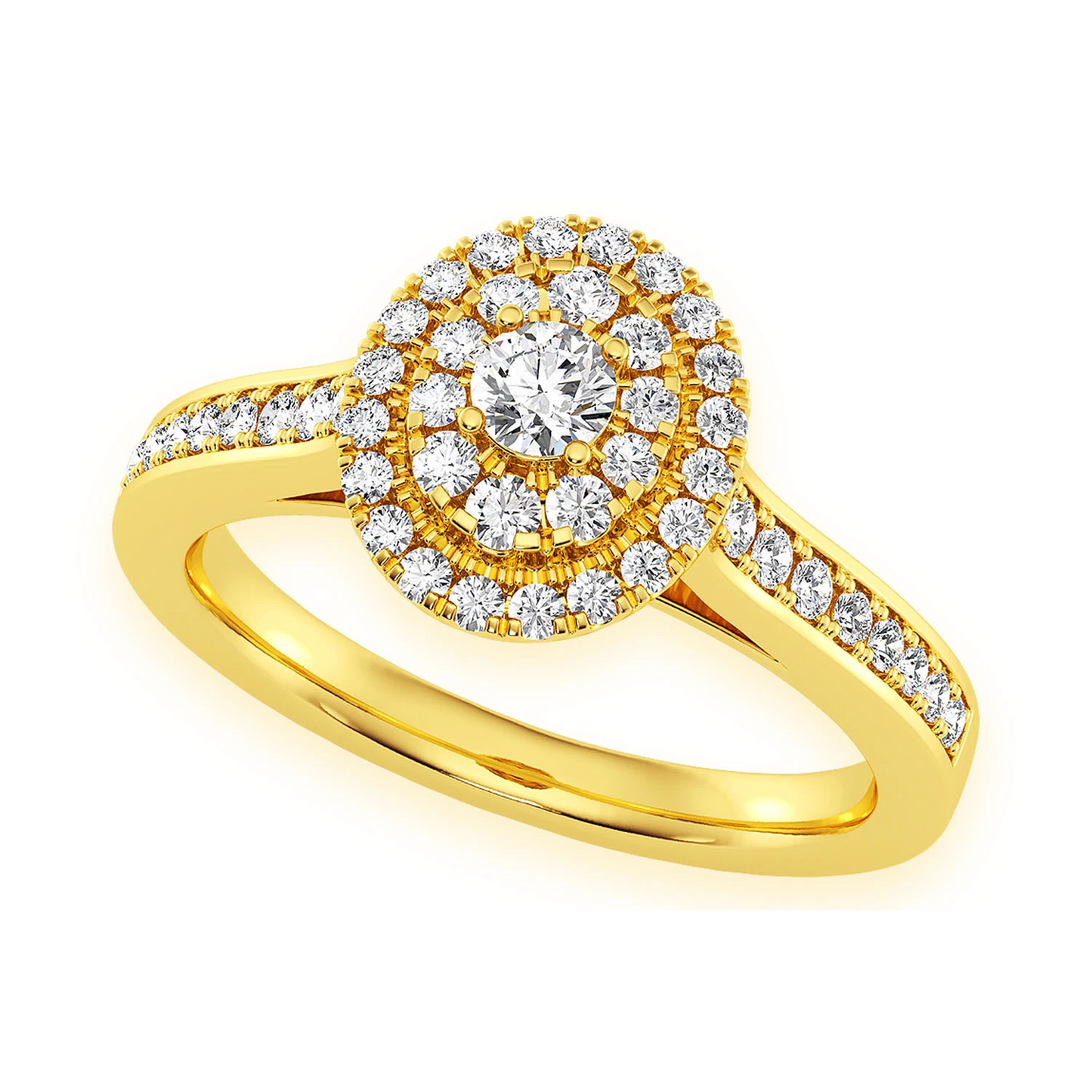Layered Oval Diamond Engagement Ring in 14K yellow gold, angled view