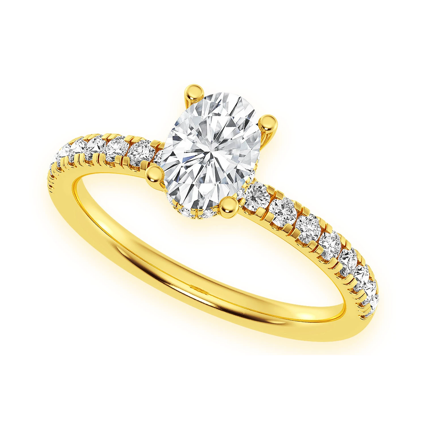 Oval Solitaire One Row Under Halo Ring in 14K yellow gold, detail view