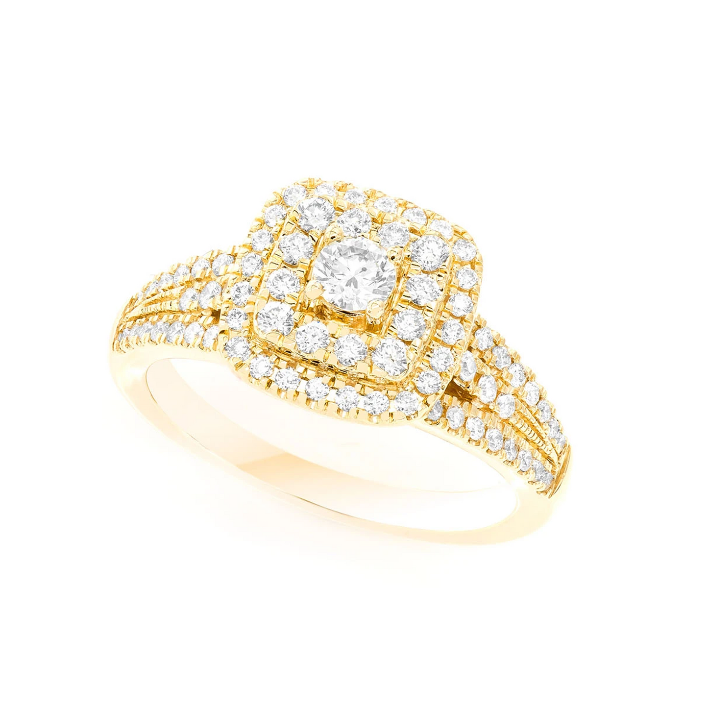 Classic Two Tier Cushion Halo Diamond Ring in 14K yellow gold, angled view
