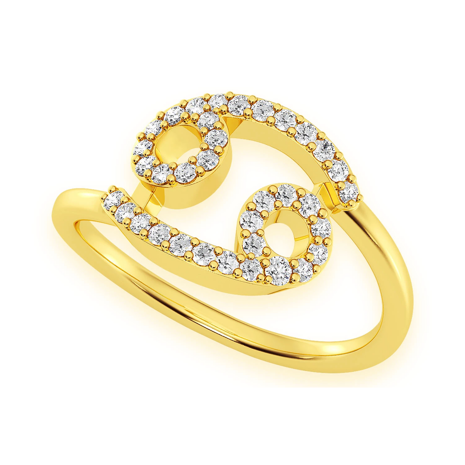 Zodiac Diamond Ring in 14K yellow gold, Cancer design, detail view