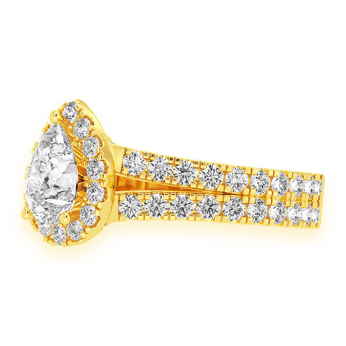 Pear Solitaire Two Row Split Scallop Ring in 14K yellow gold, detail view