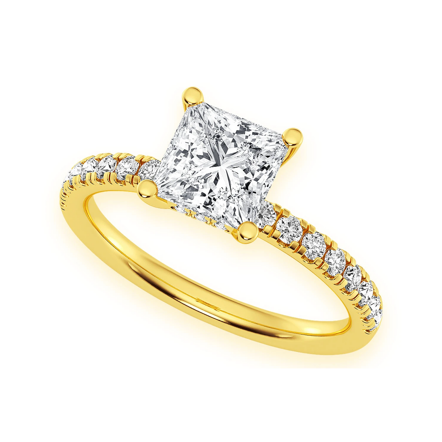 1ct Princess Cut Under Halo Diamond Ring in 14K yellow gold, angled view