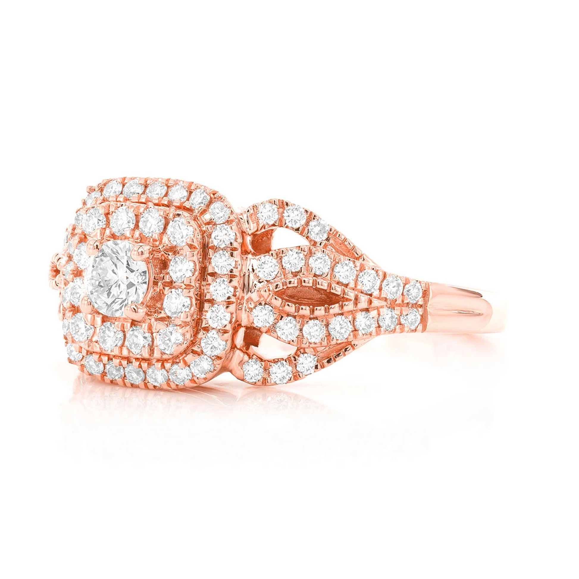 Fancy Shank Cushion Double Halo Ring in 14K rose gold, side view