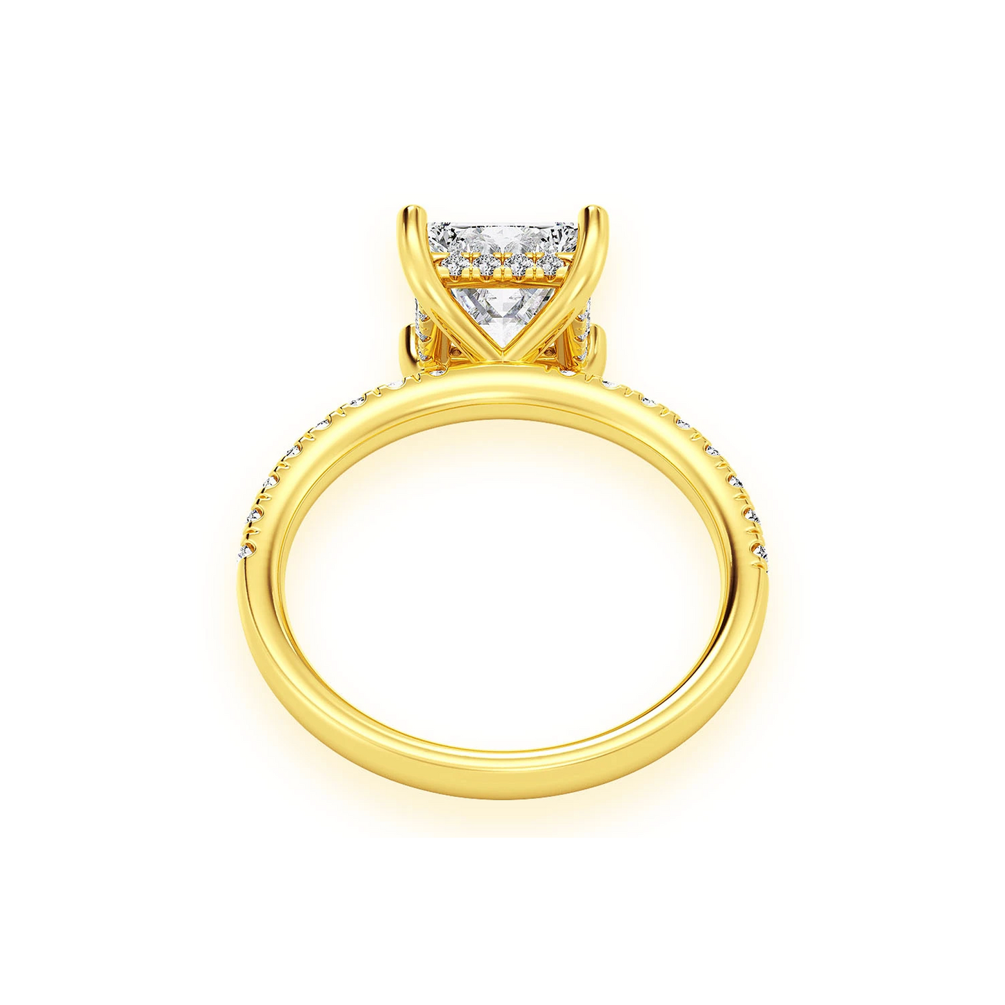 Princess Cut One Row Under Halo Ring in 14K yellow gold, alternate view