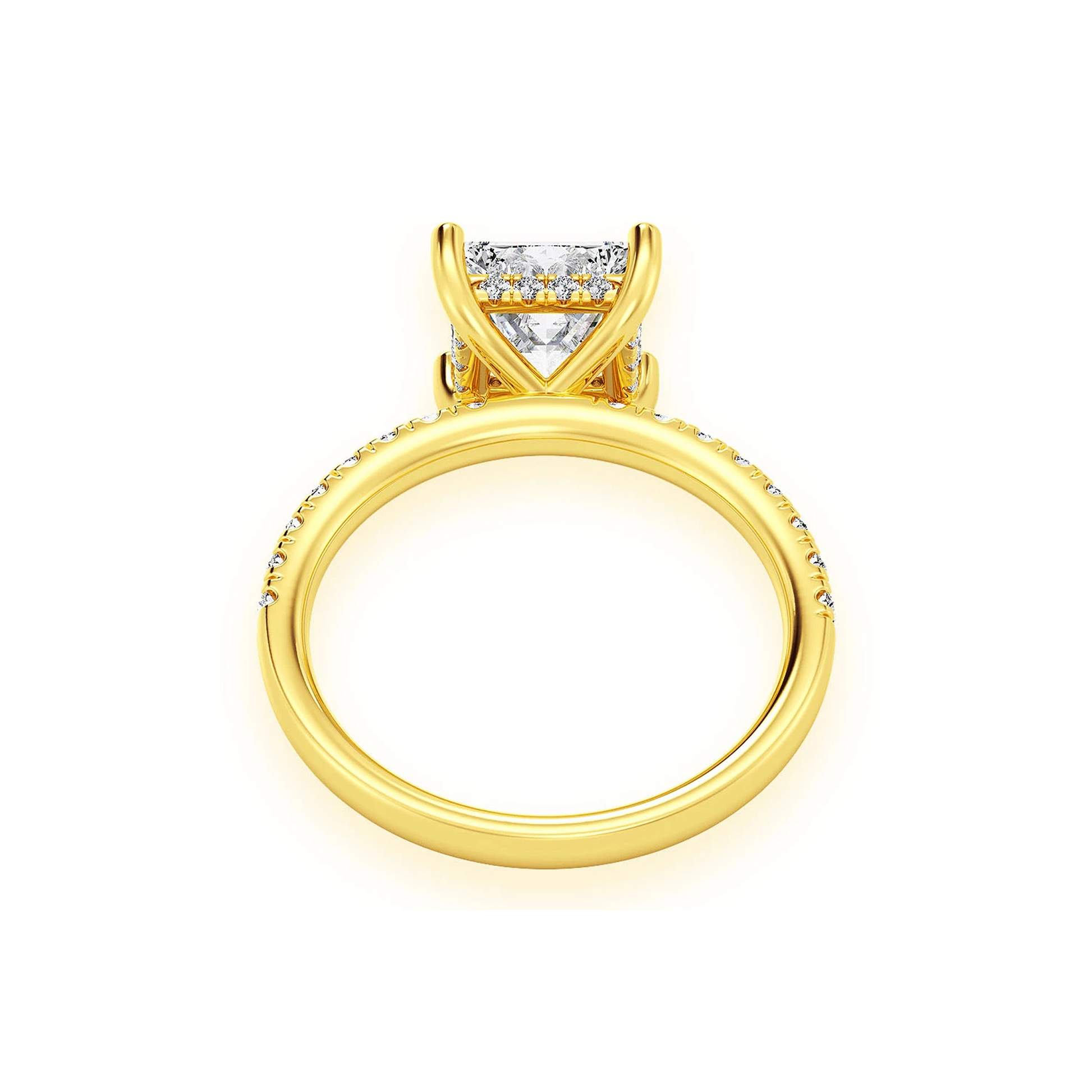 Princess Cut One Row Under Halo Ring in 14K yellow gold, alternate view