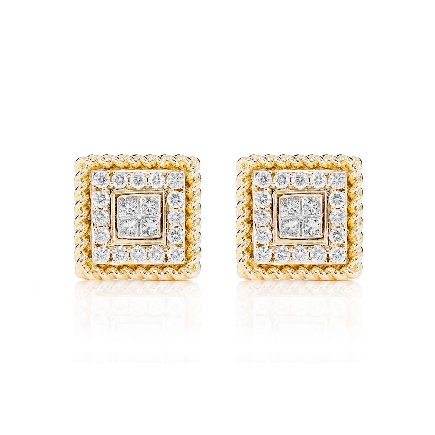 Quad Center Diamond Halo Rope Border Stud Earrings