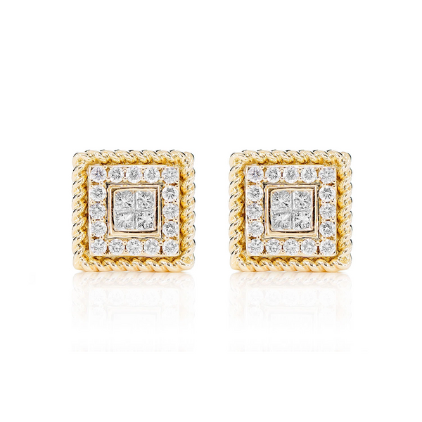 Quad Center Diamond Halo Rope Border Stud Earrings