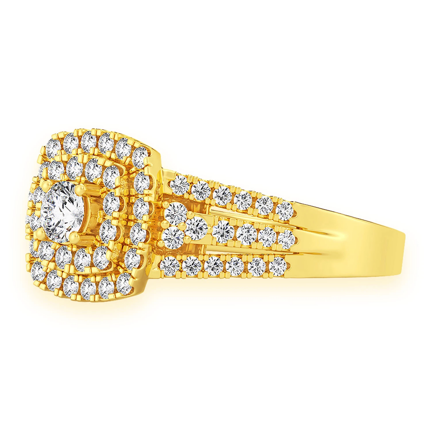 Princess Cut Double Halo Ring in 14K yellow gold, detail view