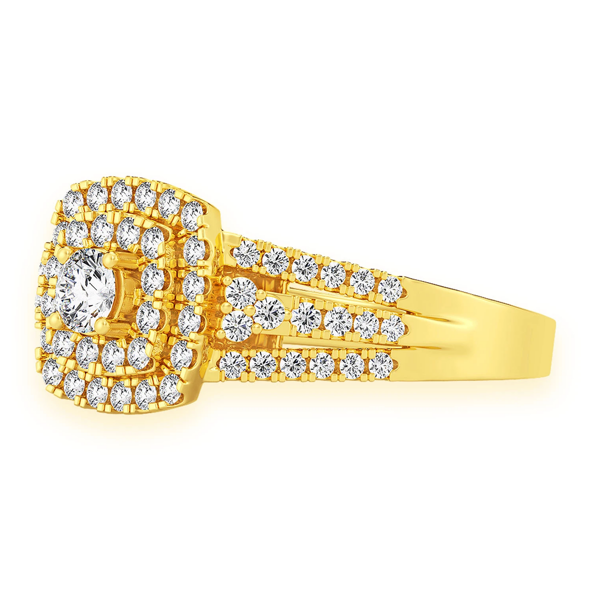 Princess Cut Double Halo Ring in 14K yellow gold, detail view