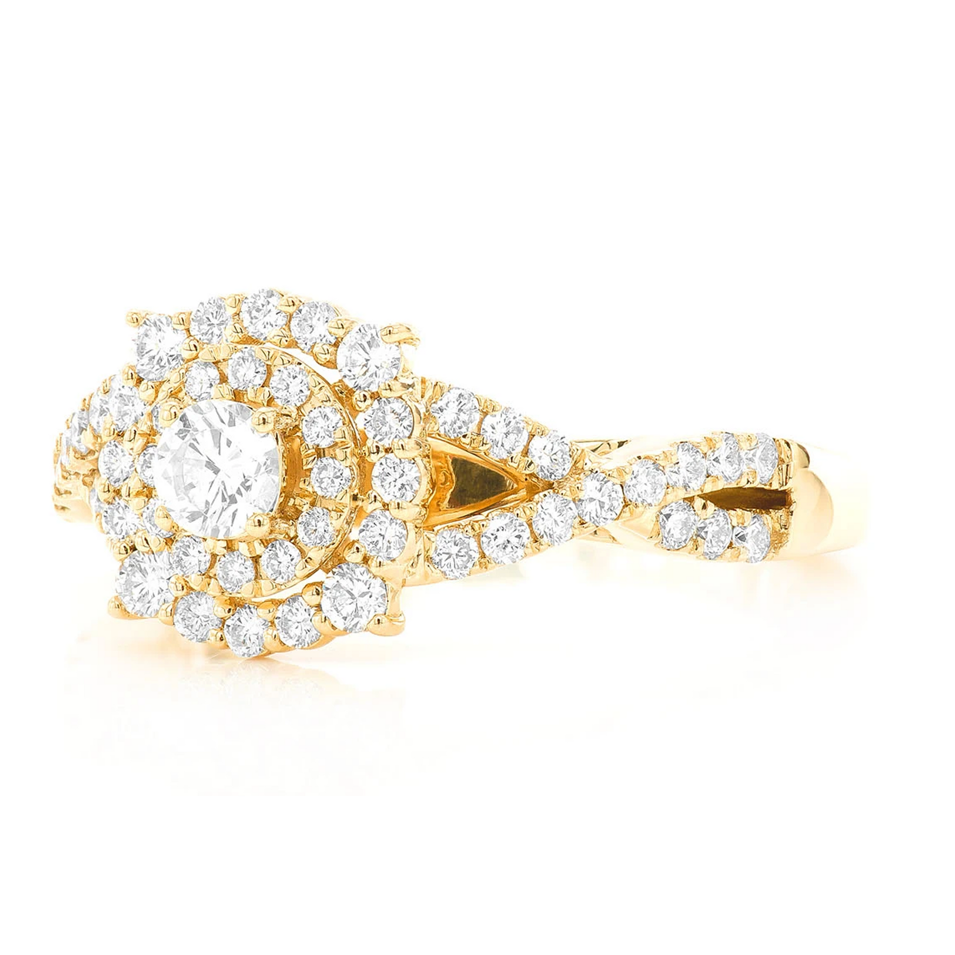Split Shank Unique Halo Diamond Engagement Ring in 14K yellow gold, side view
