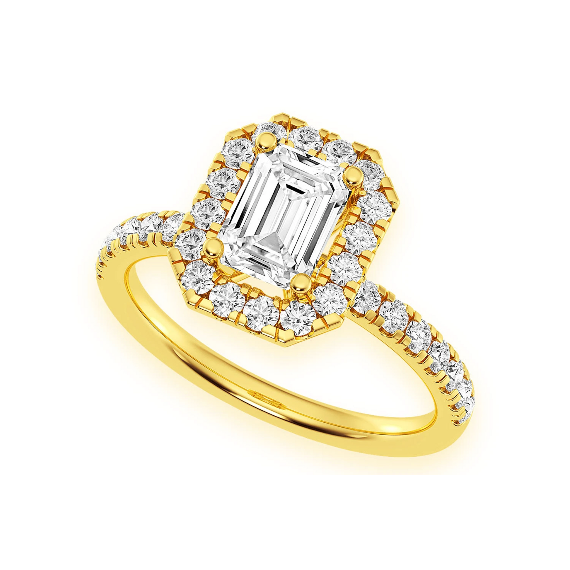 0.75ct Emerald Cut Halo Diamond Engagement Ring in 14K yellow gold, detail view