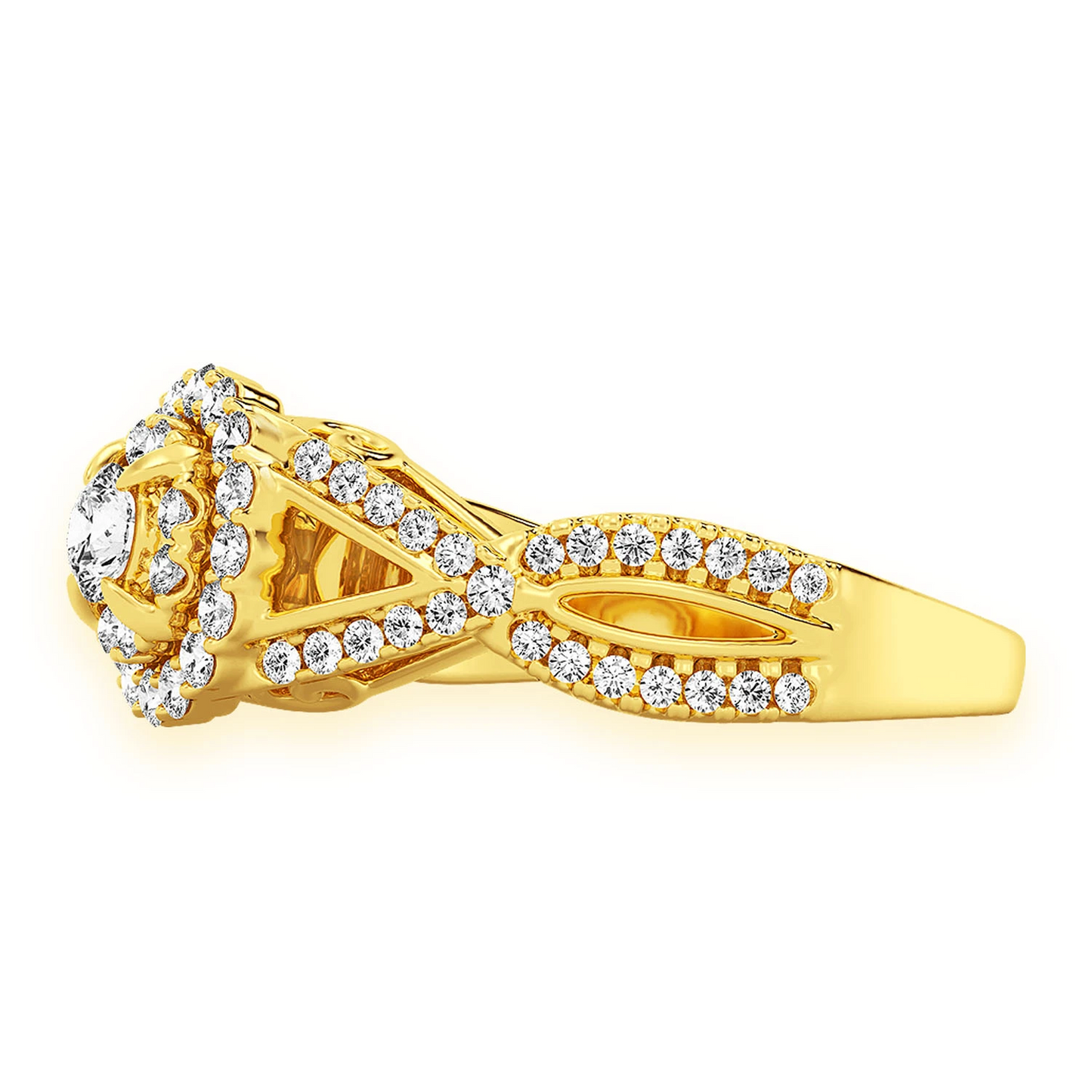 Double Band Halo Diamond Ring in 14K yellow gold, detail view