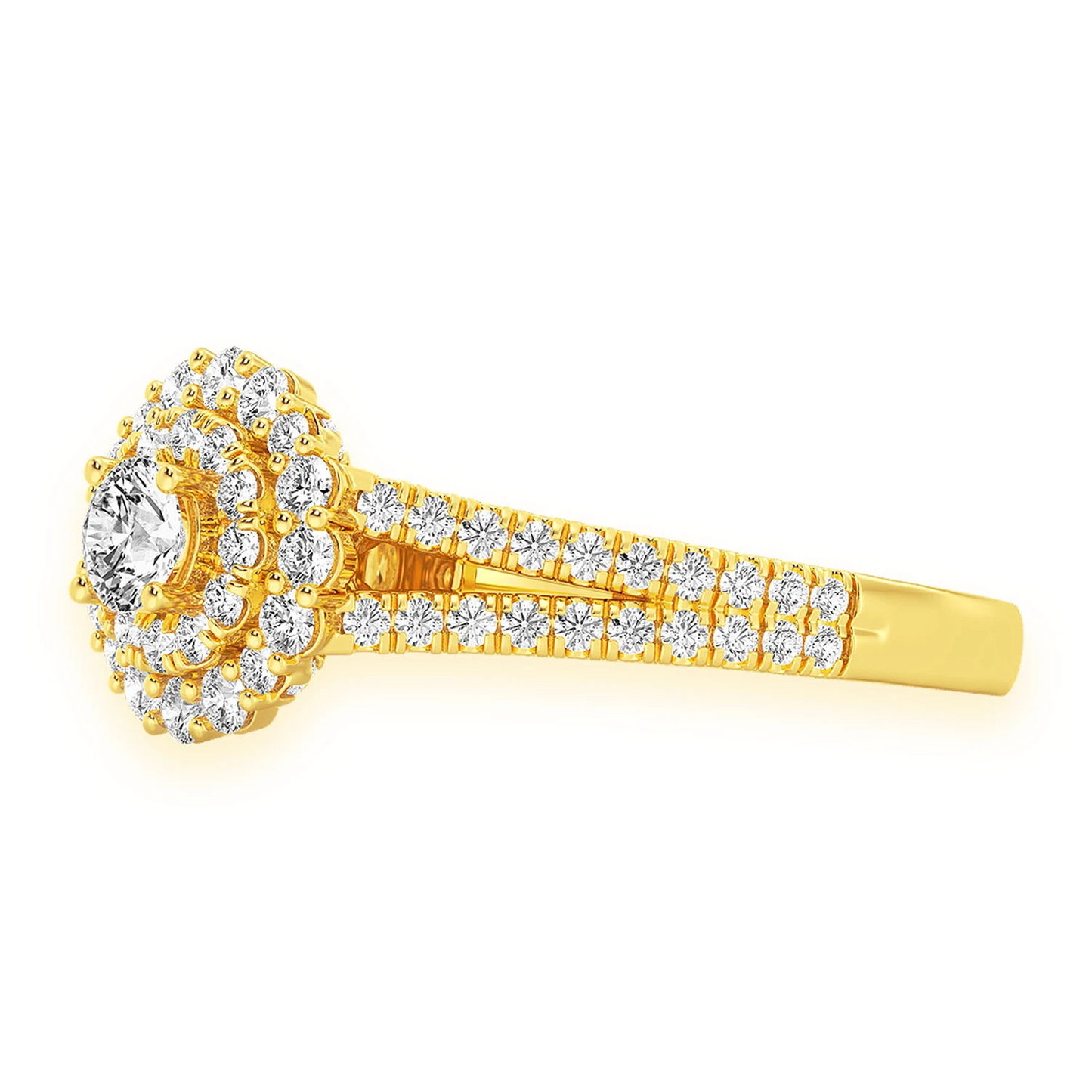 Split Shank Round Double Halo Ring in 14K yellow gold, side view
