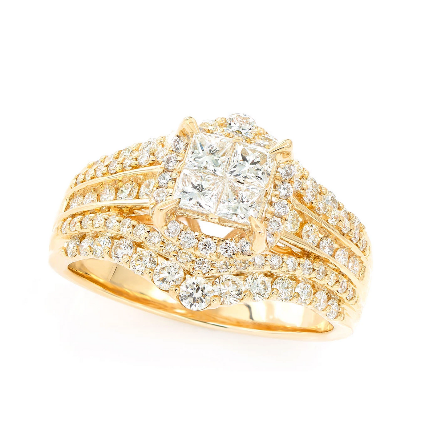 Princess Quad Halo Ring in 14K yellow gold, detail view