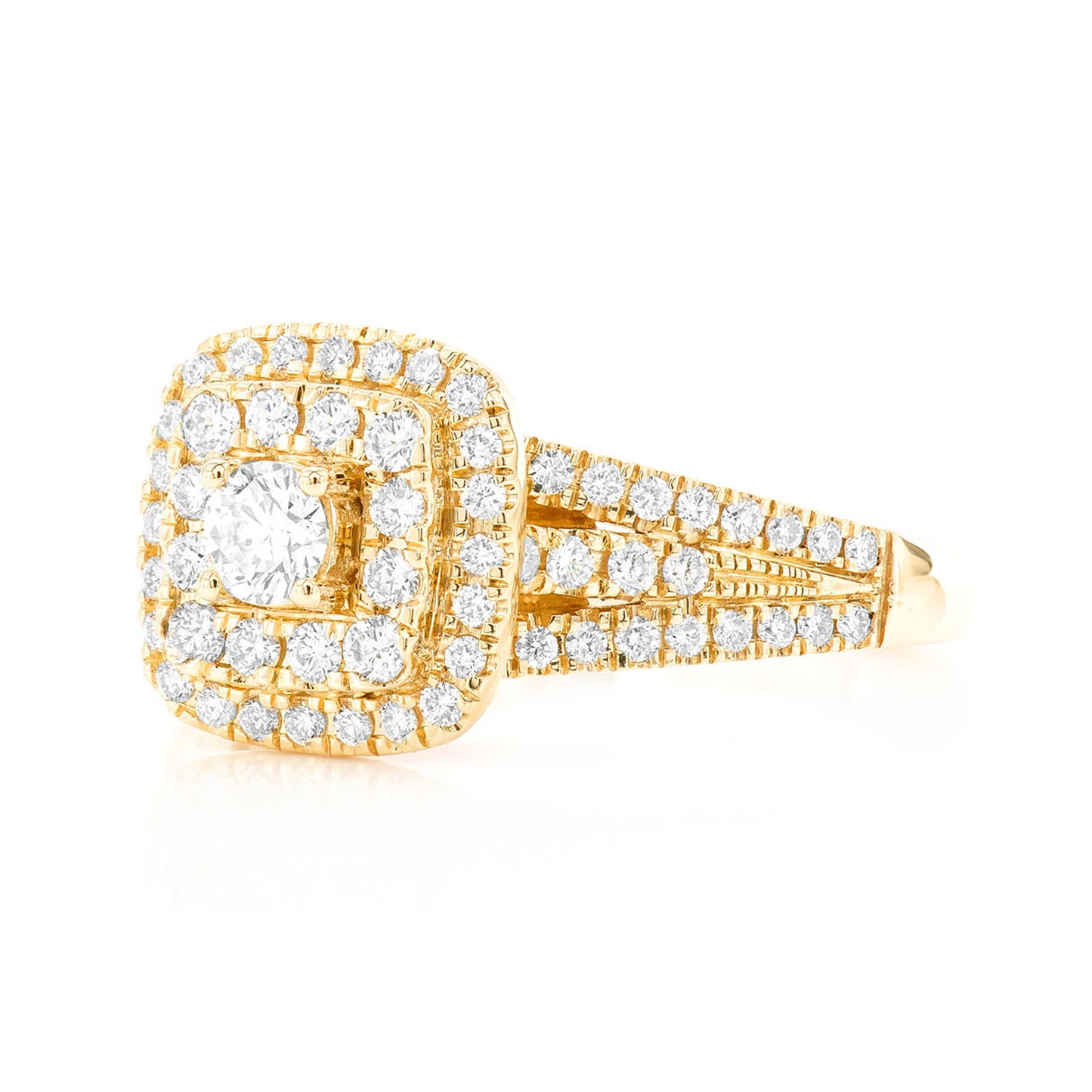 Classic Two Tier Cushion Halo Diamond Ring in 14K yellow gold, side view