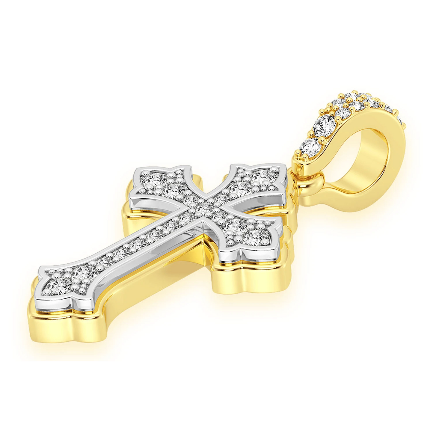 Rounded Cross Diamond Pendant in 14K yellow gold, detail view