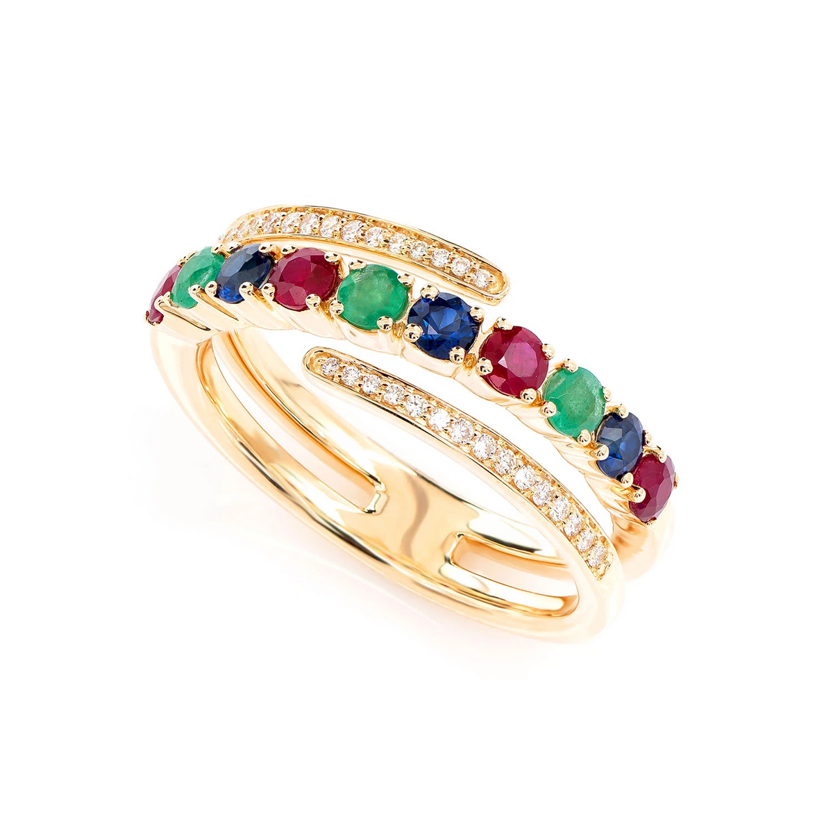 Tri Colored Gem and Diamond Semi Wrap Ring
