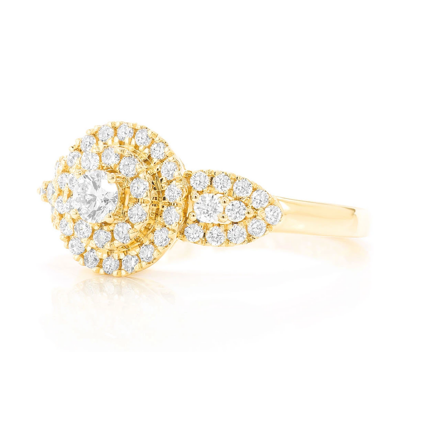 Two Tier Round Cluster Diamond Ring in 14K yellow gold, detail view