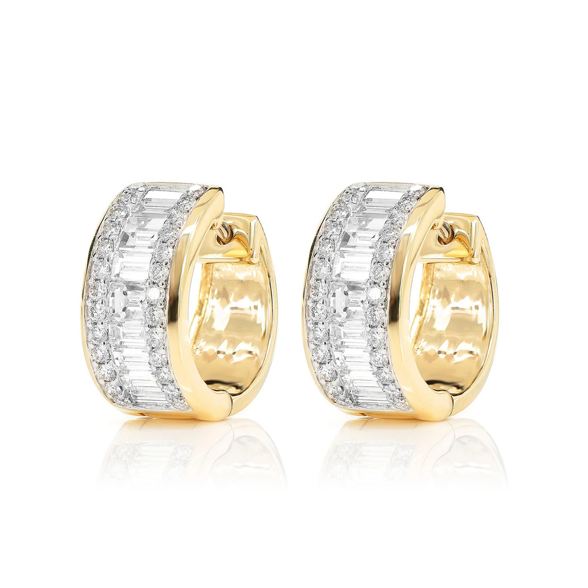 Baguette and Round Diamond Border Hoop Earrings