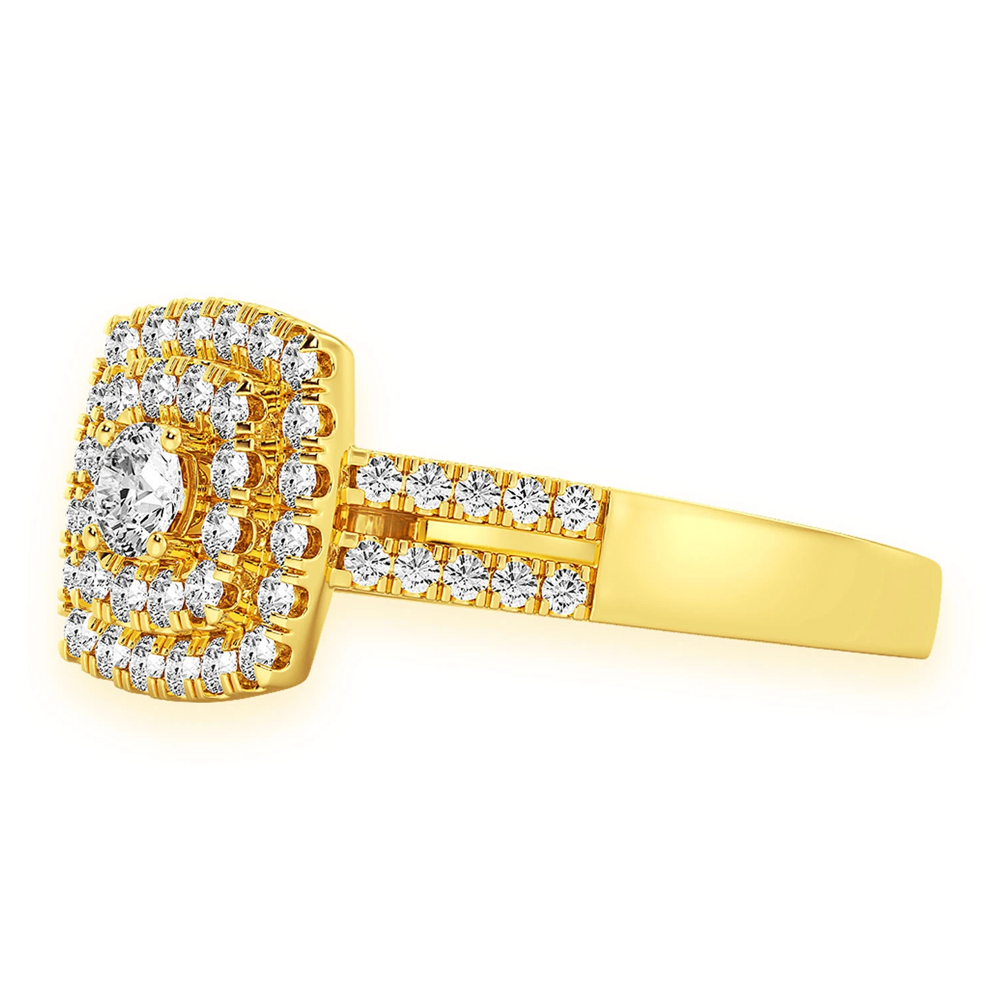 Princess Cut Double Halo Split Shank Ring in 14K yellow gold, detail view