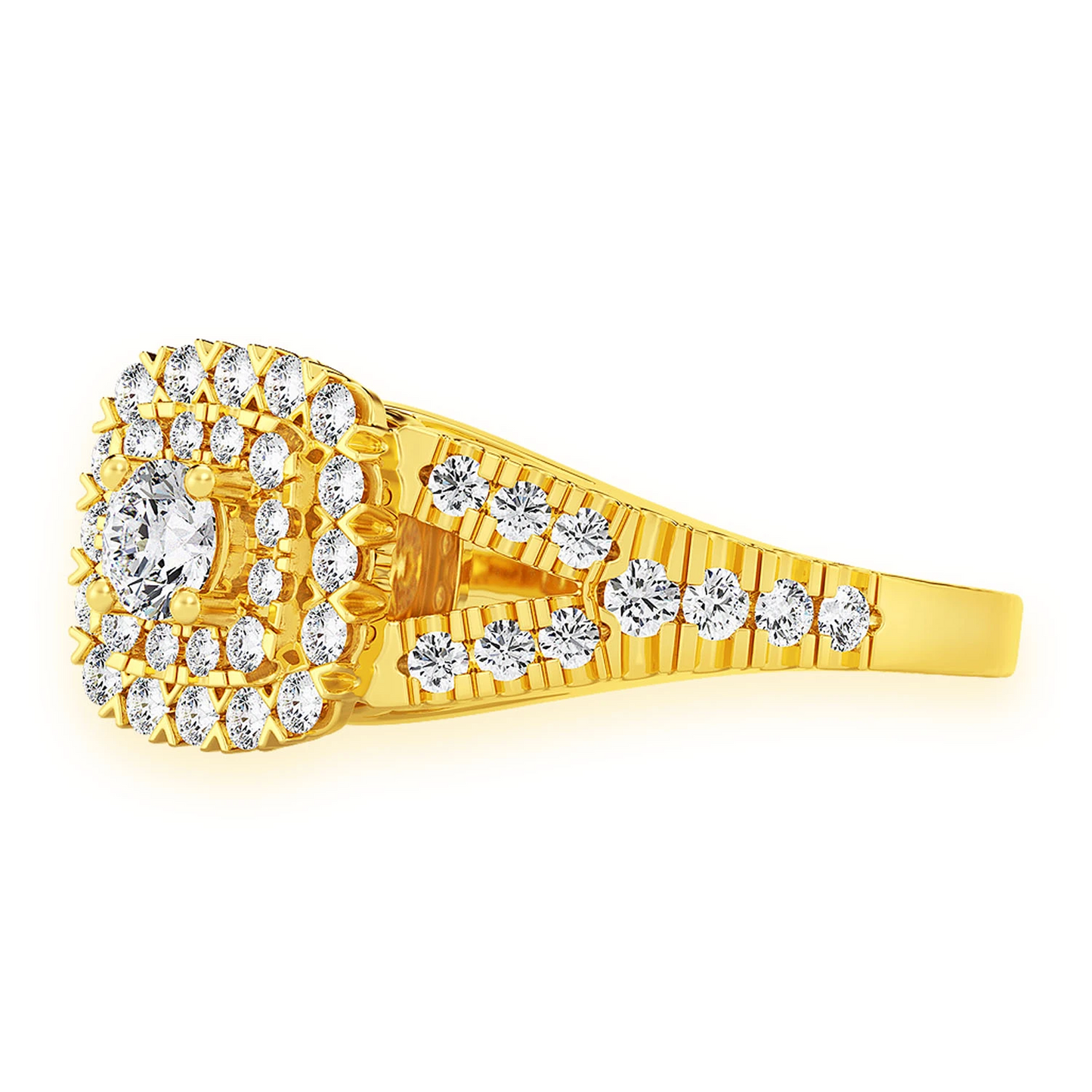 Cushion Double Halo Split Shank Ring in 14K yellow gold, detail view