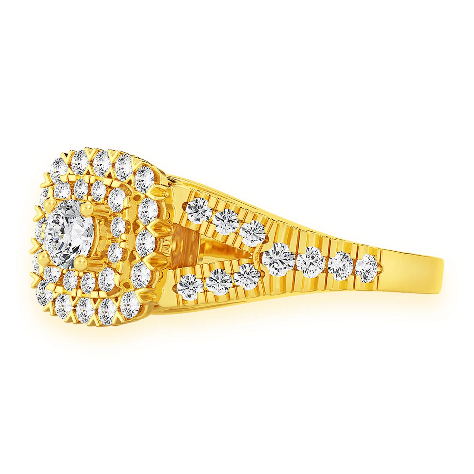 Cushion Double Halo Split Shank Ring in 14K yellow gold, detail view