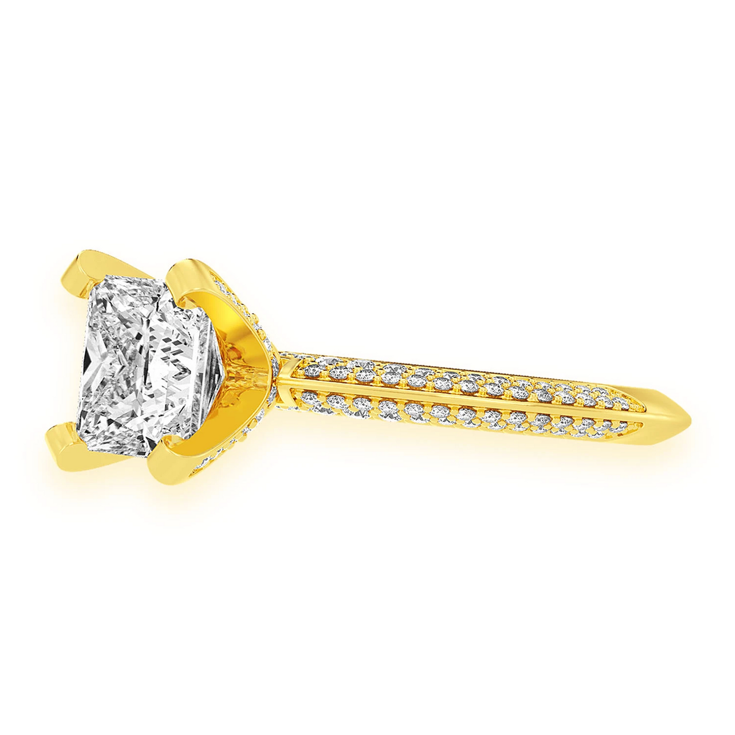 2ct Princess Cut Solitaire Knife Edge Engagement Ring in 14K yellow gold, detail view