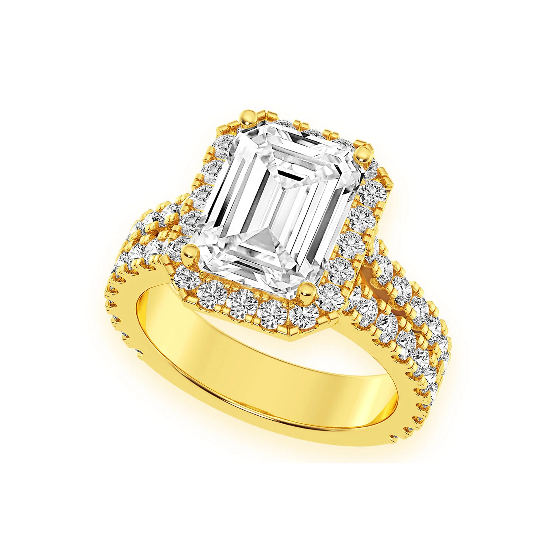 3ct Emerald Cut Split Shank Halo Diamond Engagement Ring in 14K yellow gold, angled view