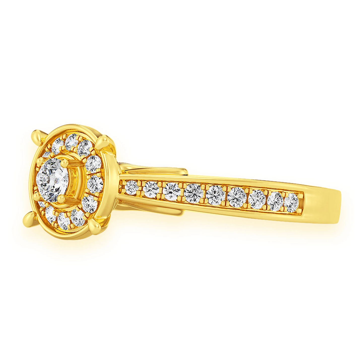 Round Halo Diamond Engagement Ring in 14K yellow gold, detail view