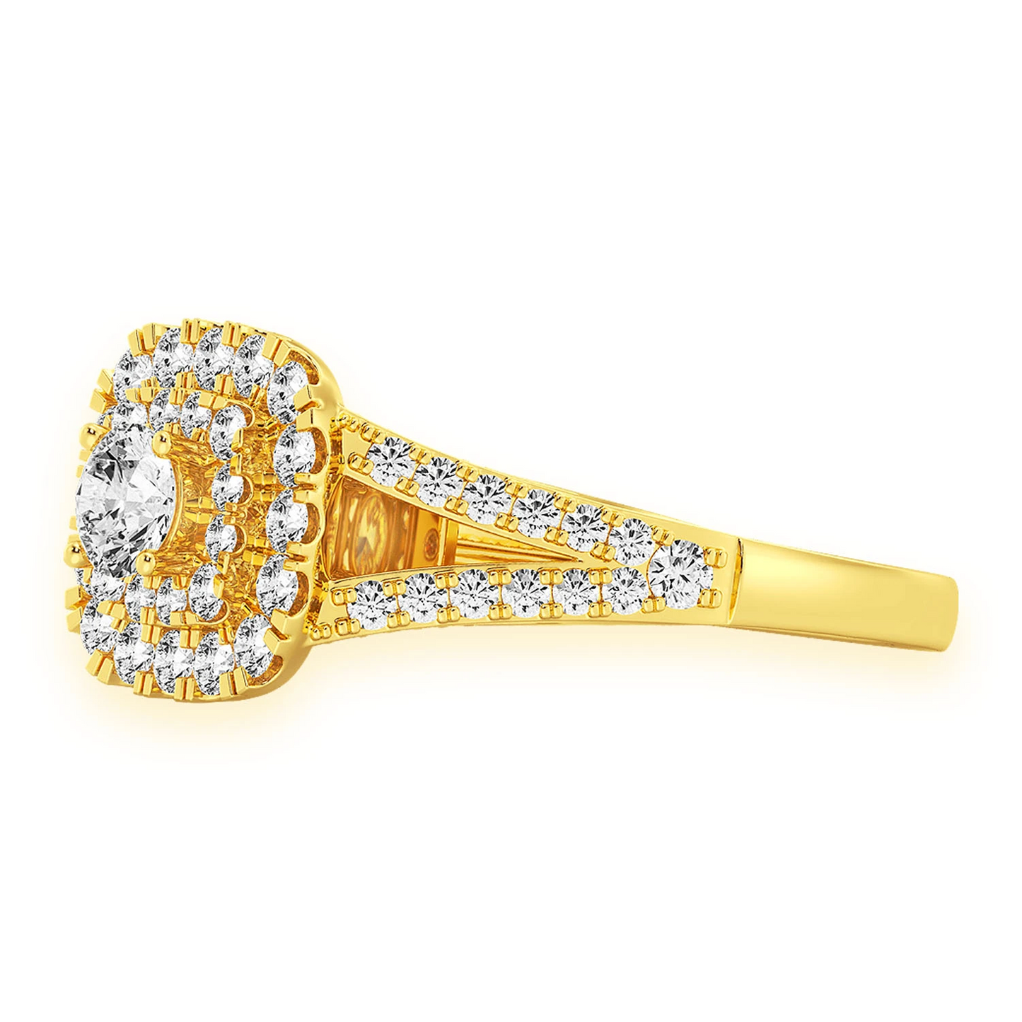 Cushion Double Halo Diamond Ring in 14K yellow gold, detail view